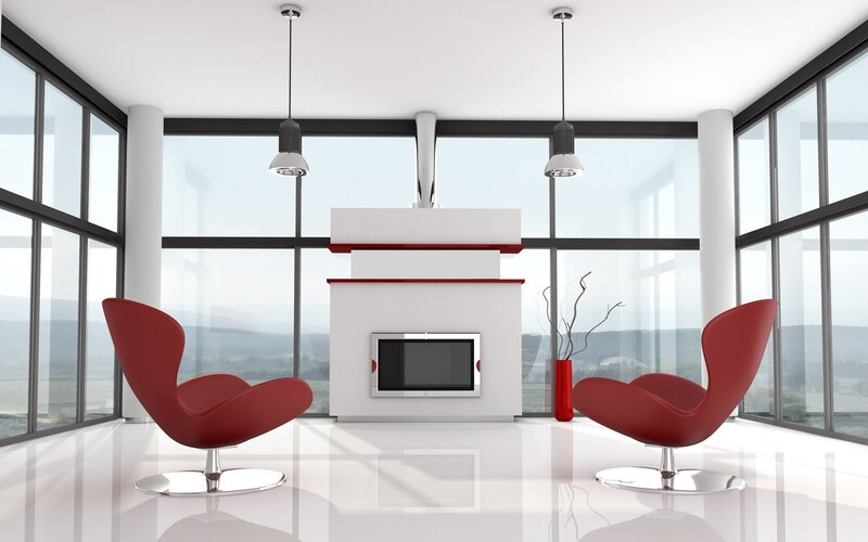 Modern living room with red chairs