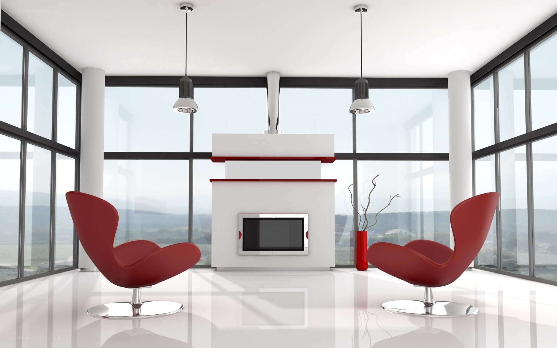 Modern living room with red chairs