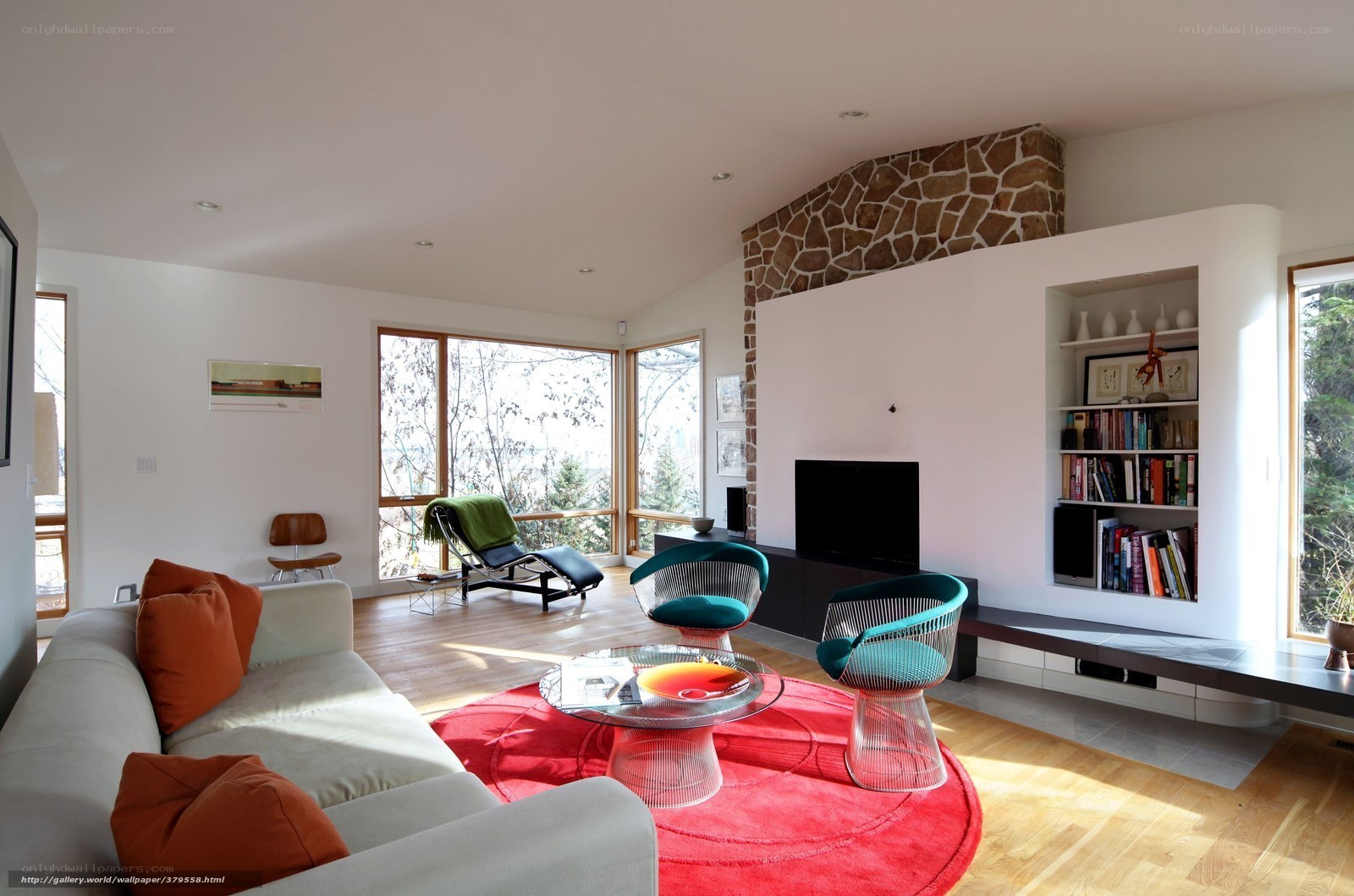 Modern living room with red rug