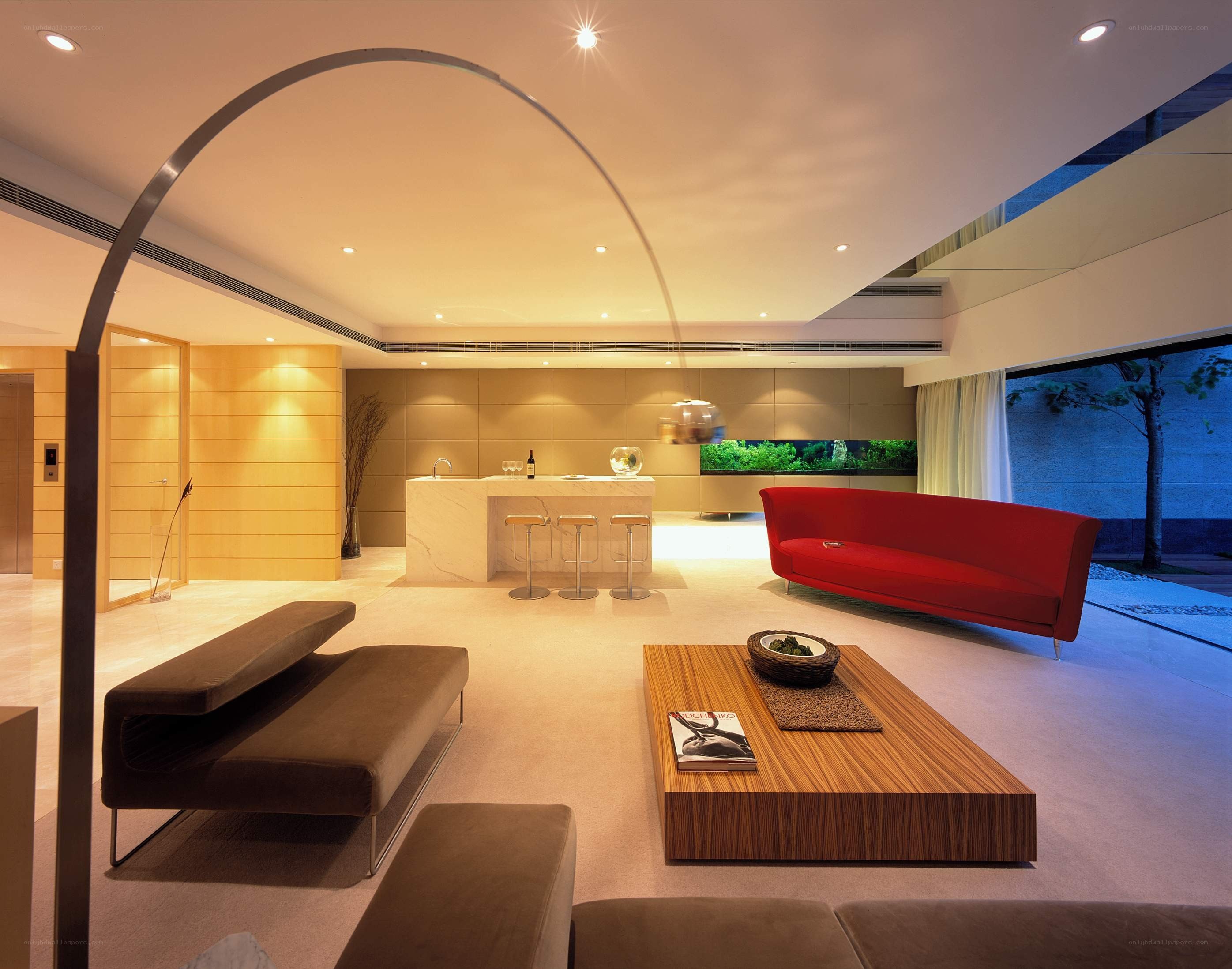 Modern living room with red sofa