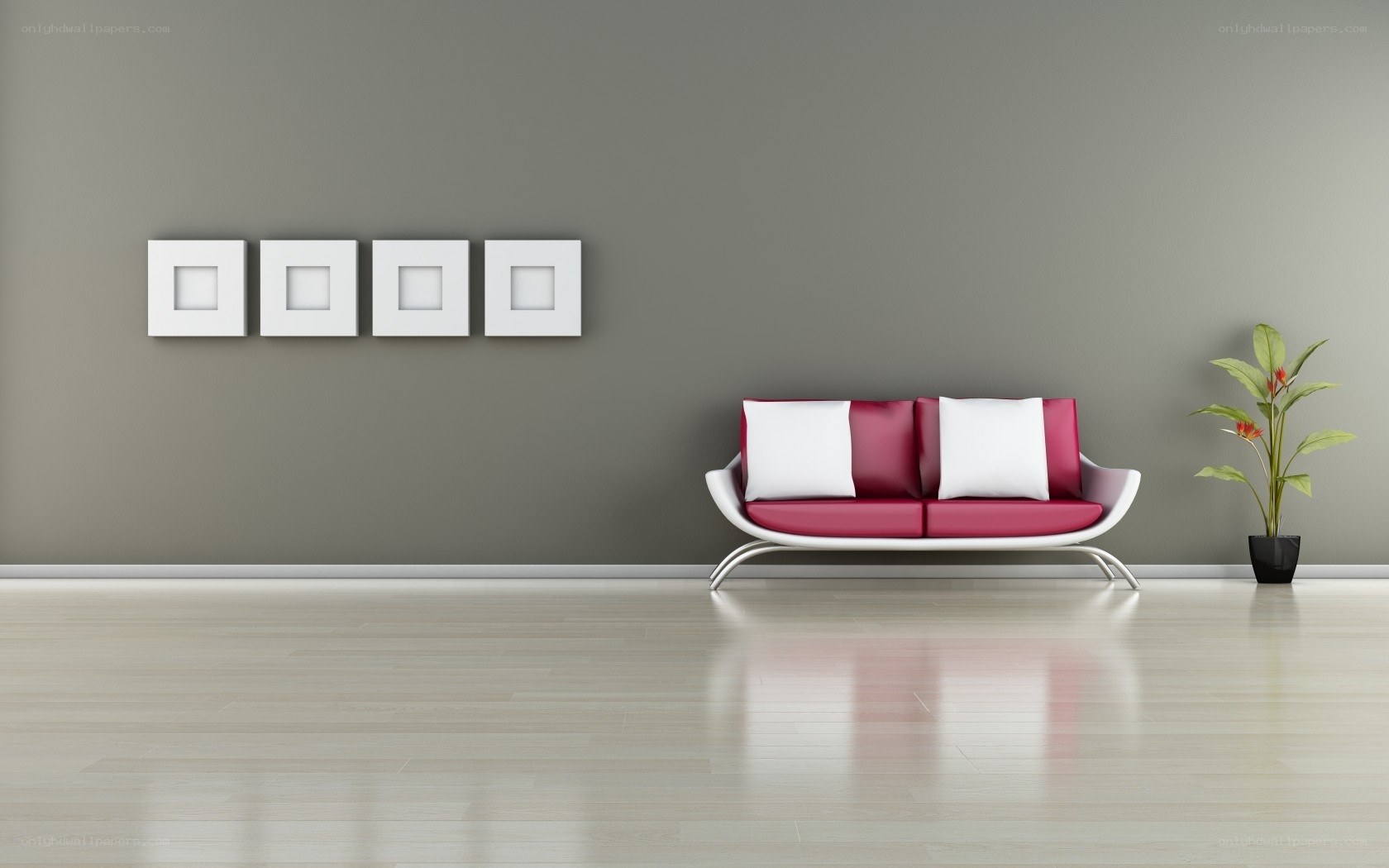 Modern living room with red sofa