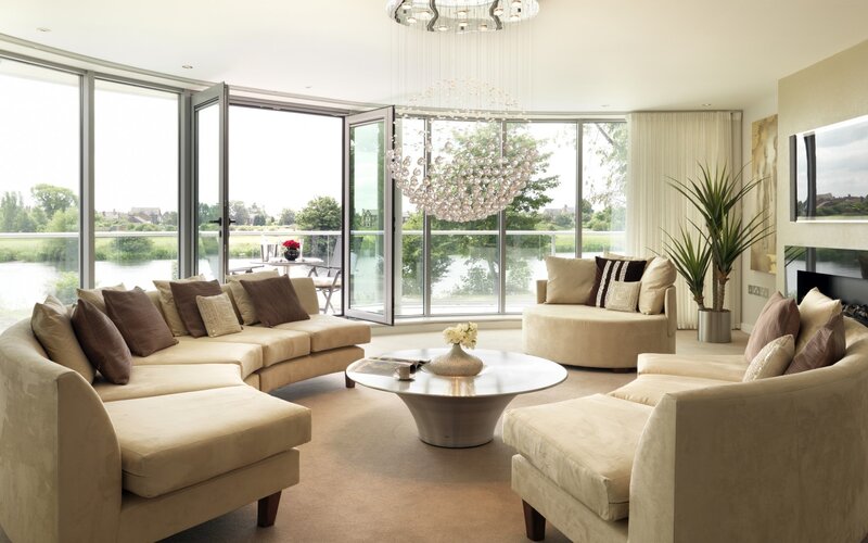 Modern living room with river view
