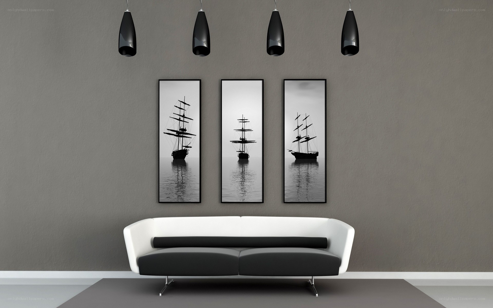 Modern living room with ship art