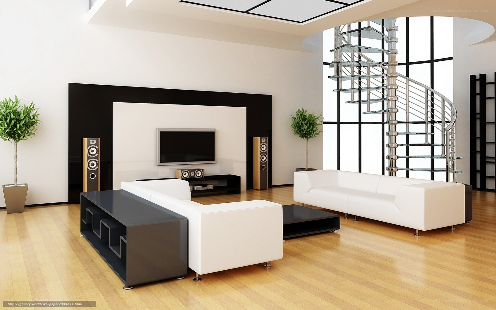 Modern living room with spiral staircase