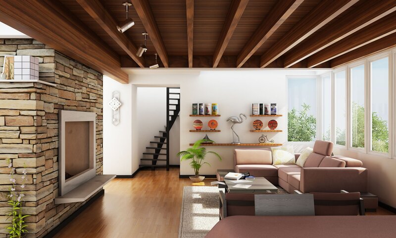 Modern living room with stone fireplace