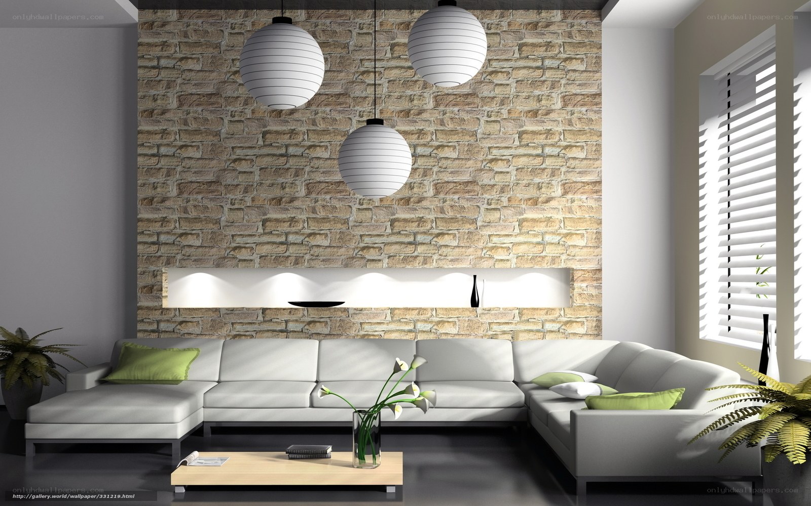 Modern living room with stone wall