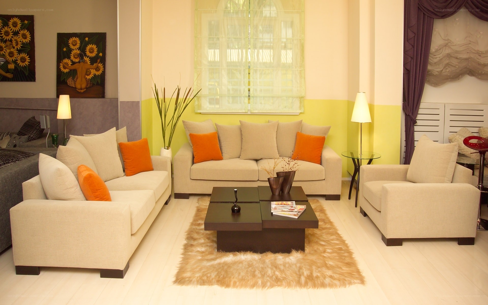 Modern living room with sunflower art