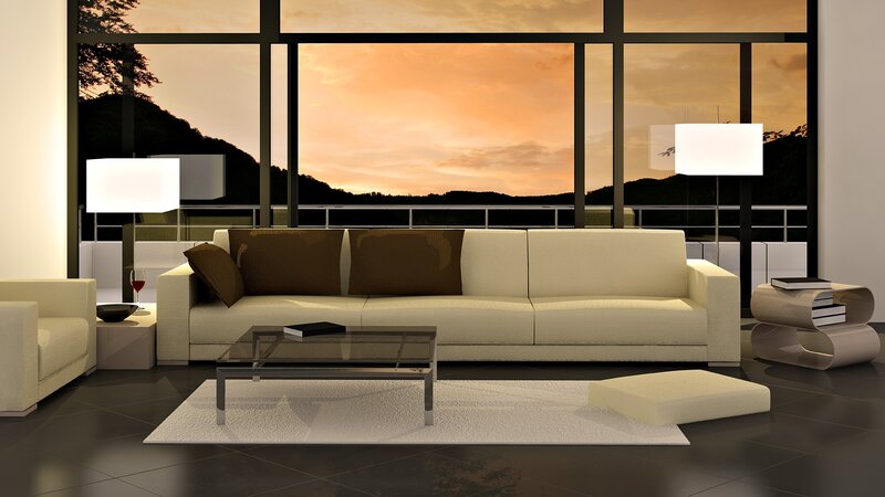 Modern living room with sunset view