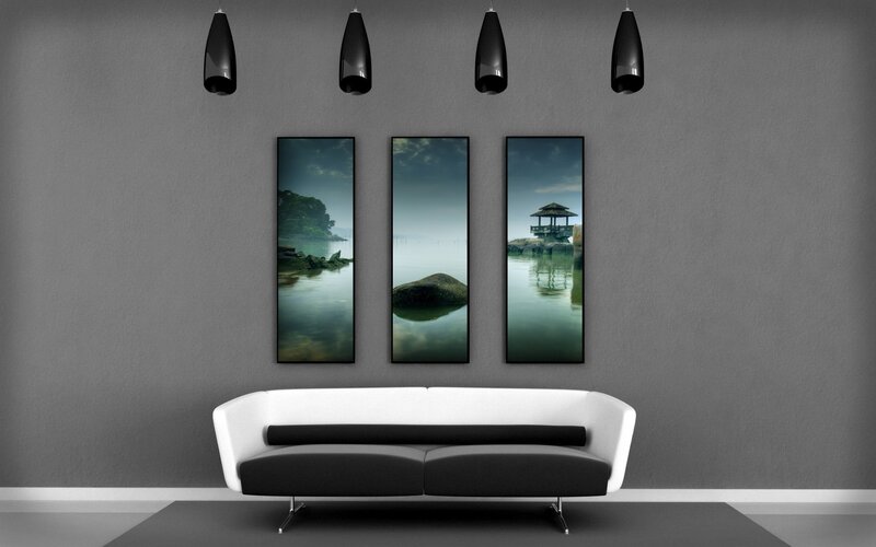 modern living room with triptych art