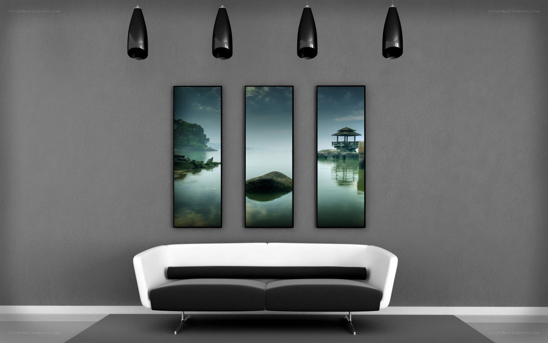 modern living room with triptych art