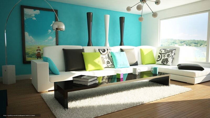Modern living room with turquoise accent wall