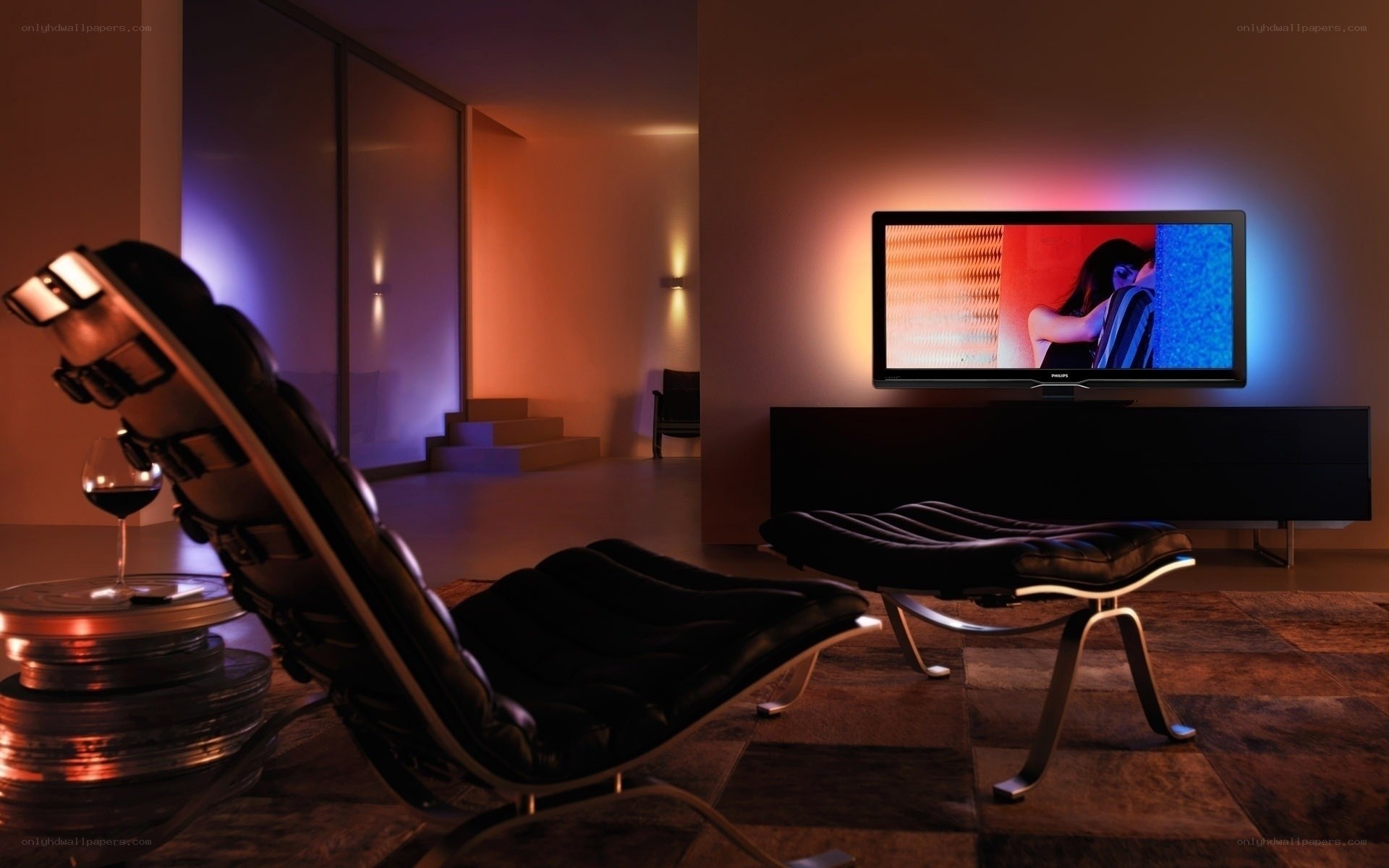Modern living room with TV and lounge chair