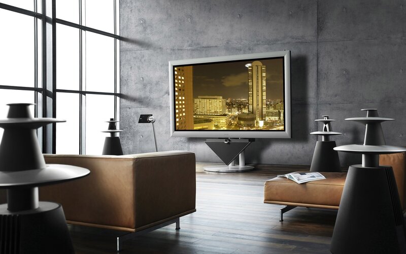 Modern living room with TV and speakers