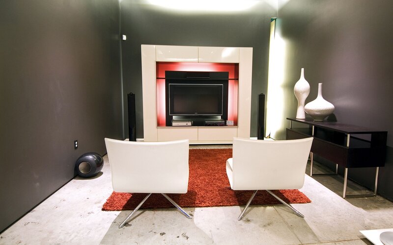 Modern living room with white chairs