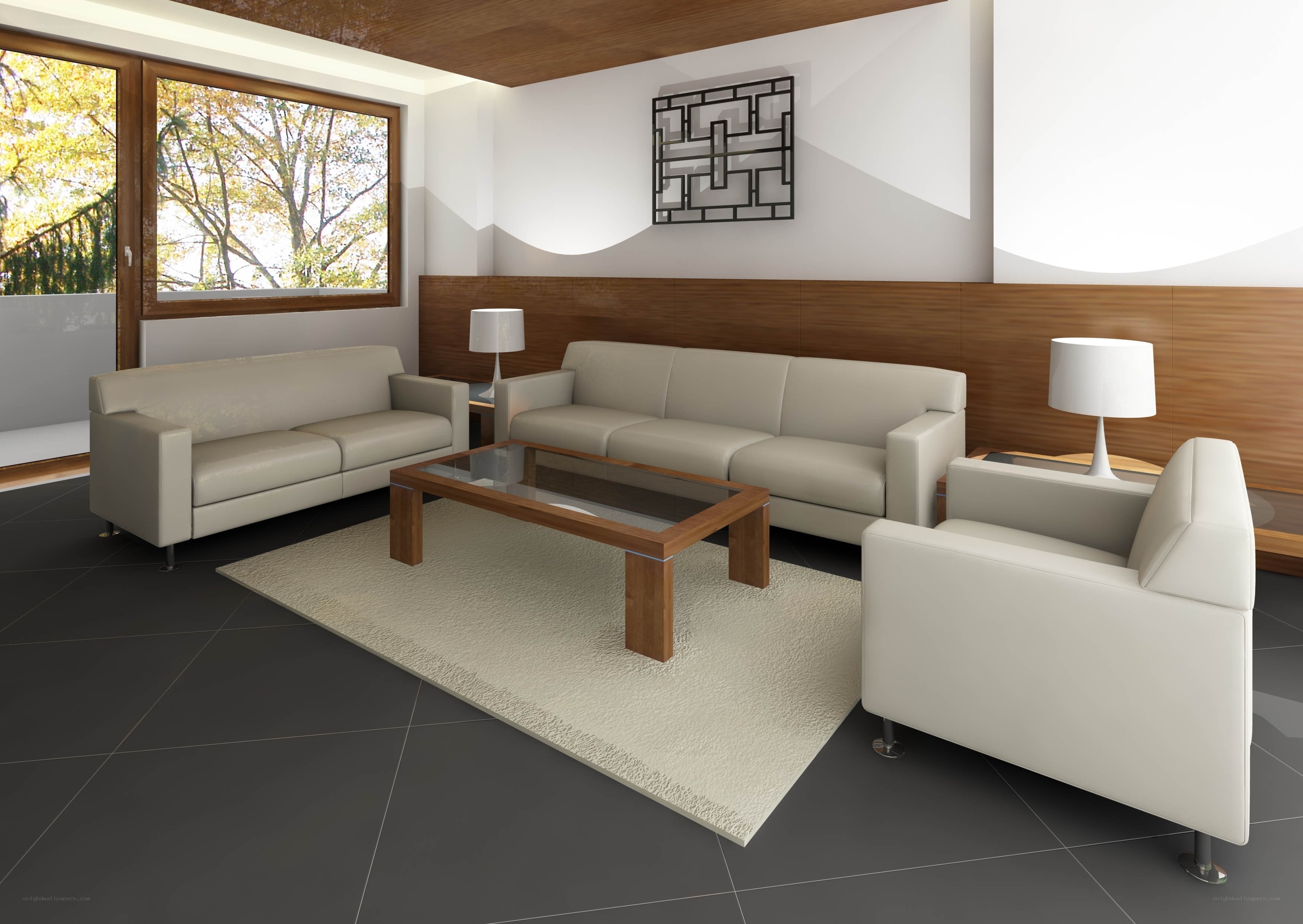 Modern living room with white sofas