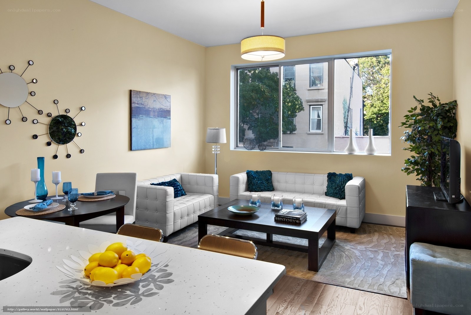 Modern living room with white sofas