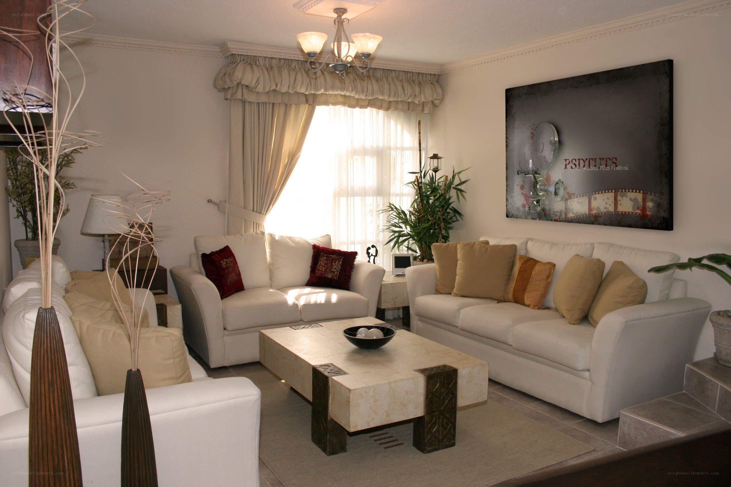 Modern living room with white sofas