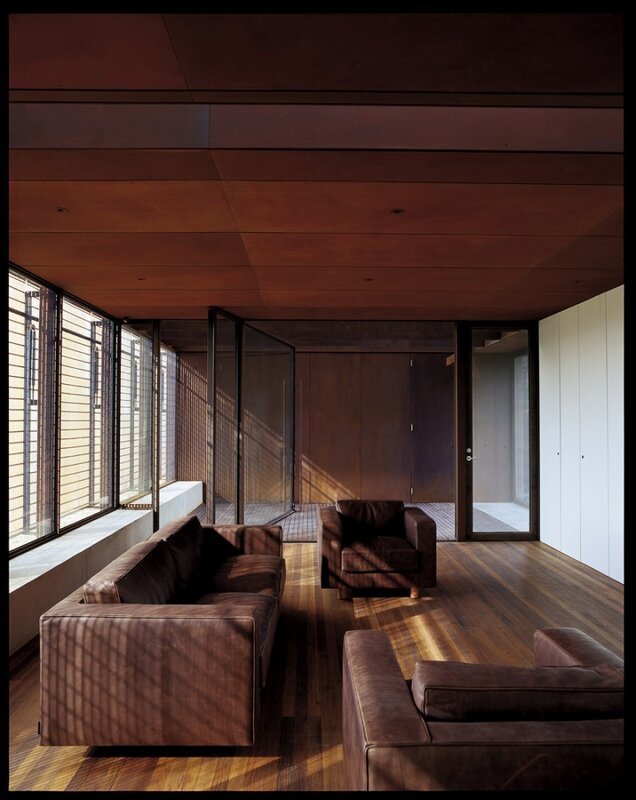 Modern living room with wood and leather