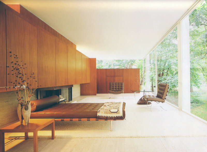 Modern living room with wood paneling