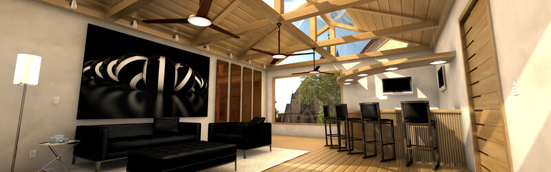 Modern living room with wooden ceiling