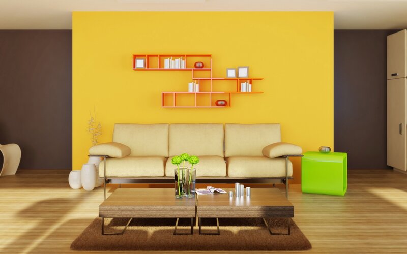 Modern living room with yellow accent wall