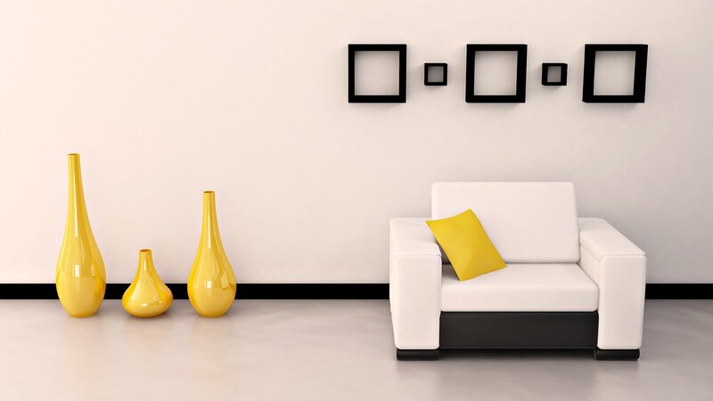 Modern living room with yellow accents