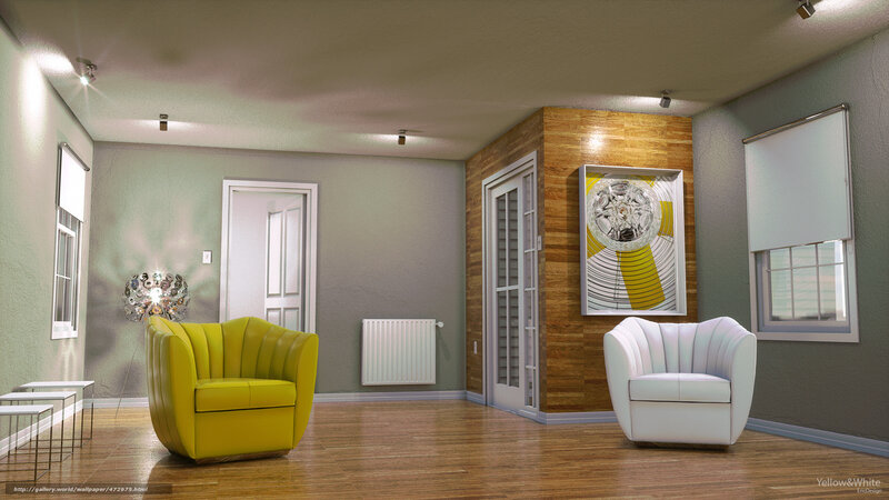 Modern living room with yellow and white chairs