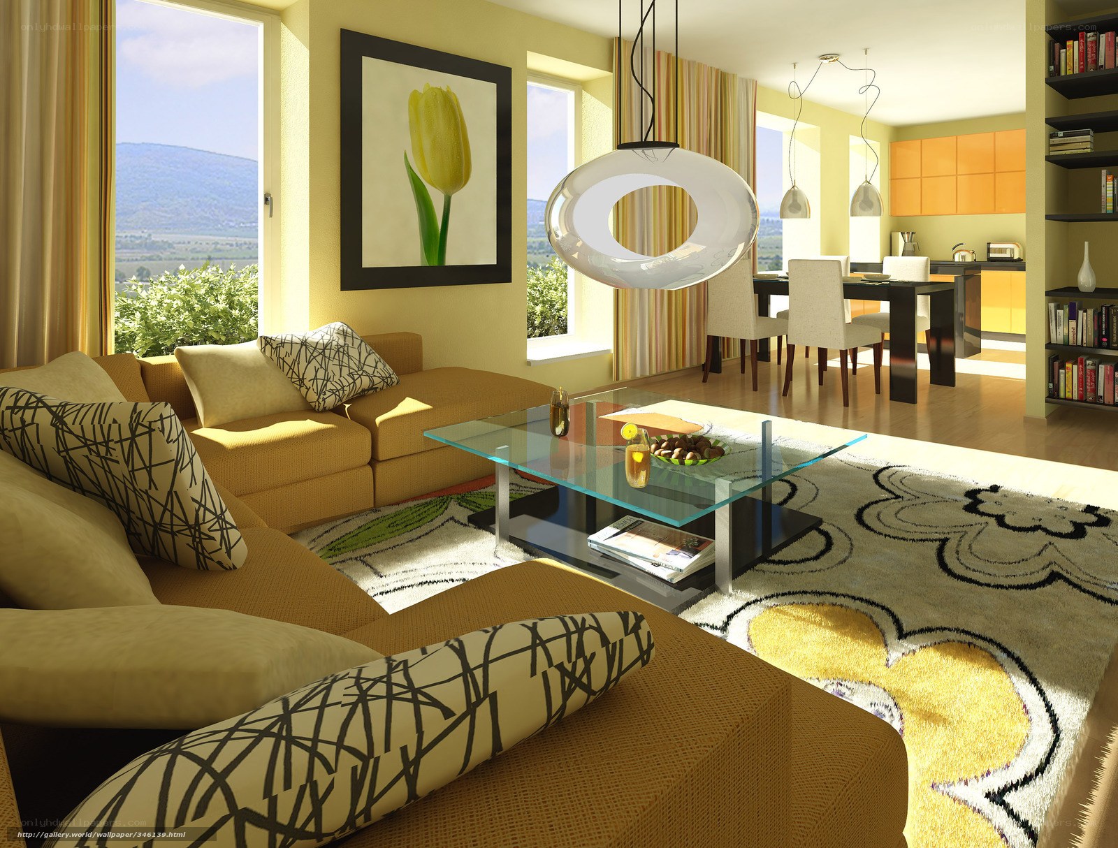 Modern living room with yellow decor