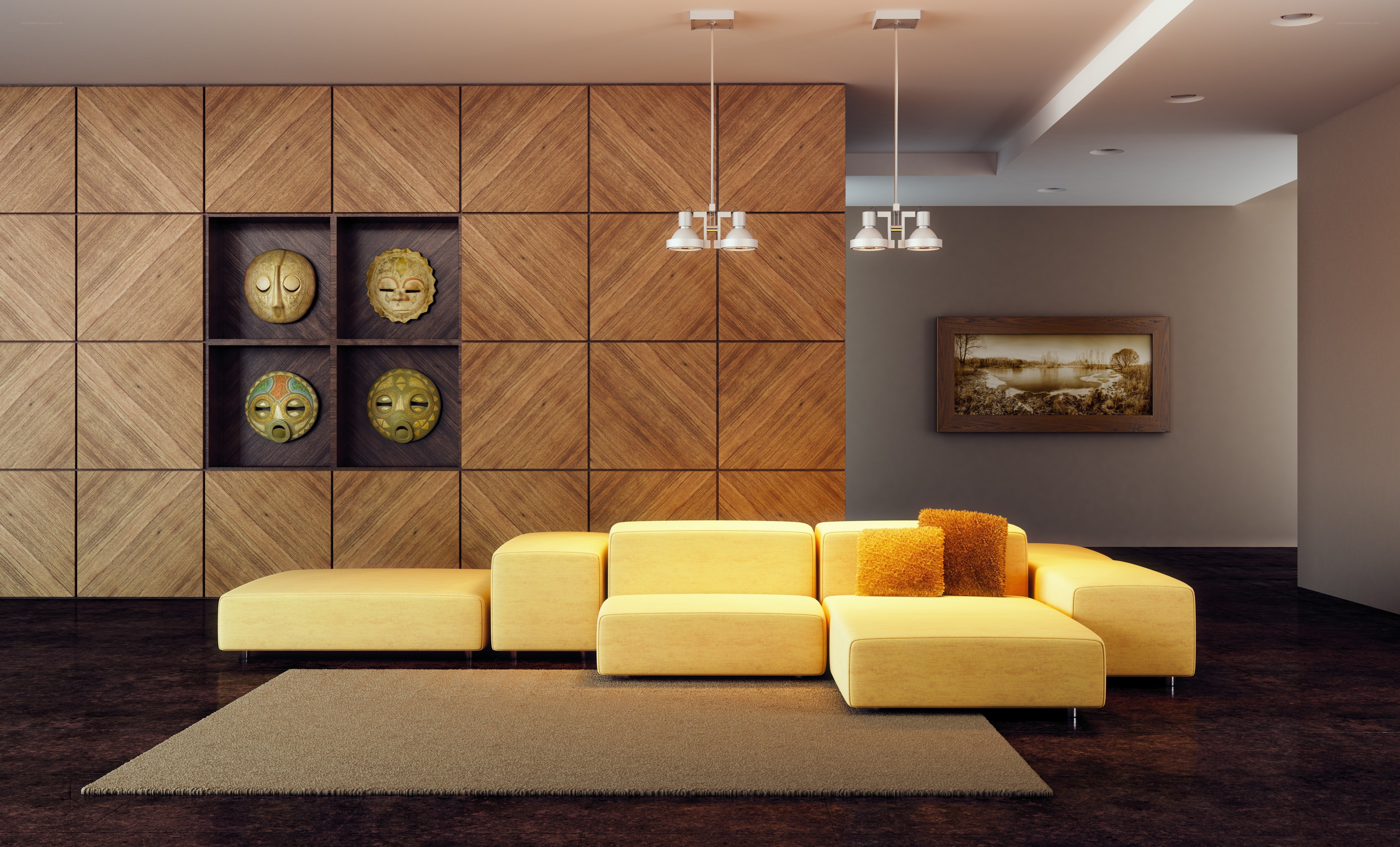 Modern living room with yellow sofa