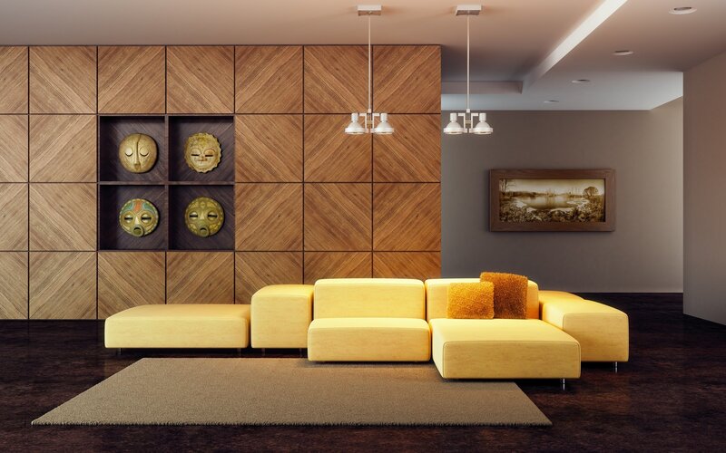 Modern living room with yellow sofa