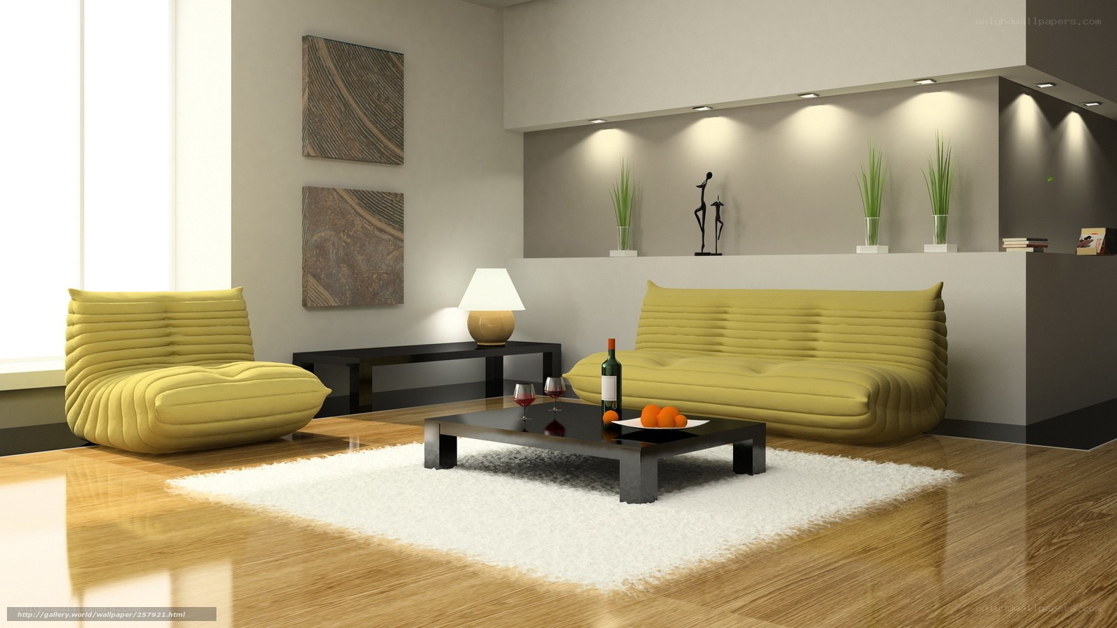 Modern living room with yellow sofa