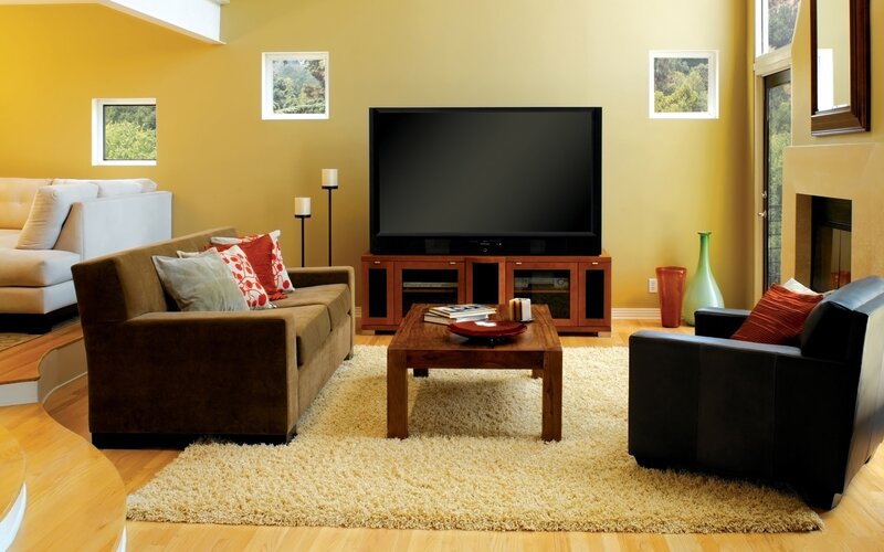 Modern living room with yellow walls