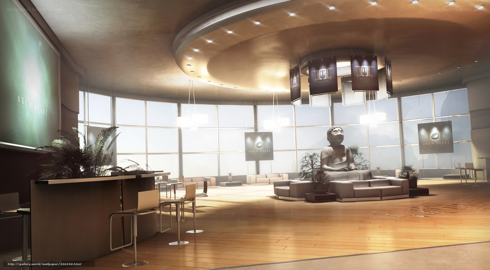 Modern lobby with Buddha statue