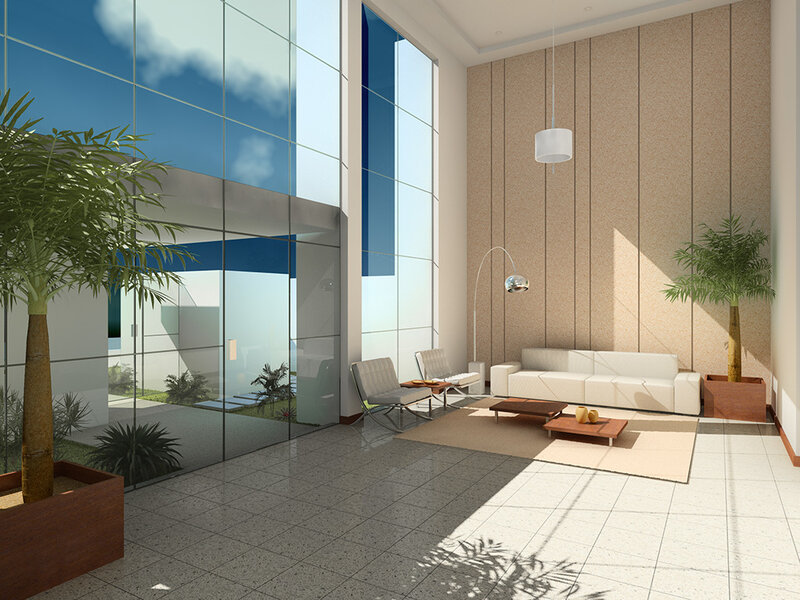 Modern lobby with large windows