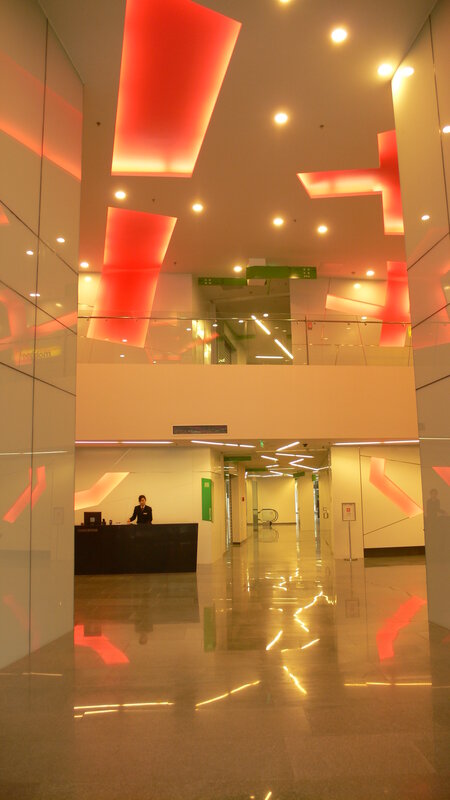 modern lobby with red lighting