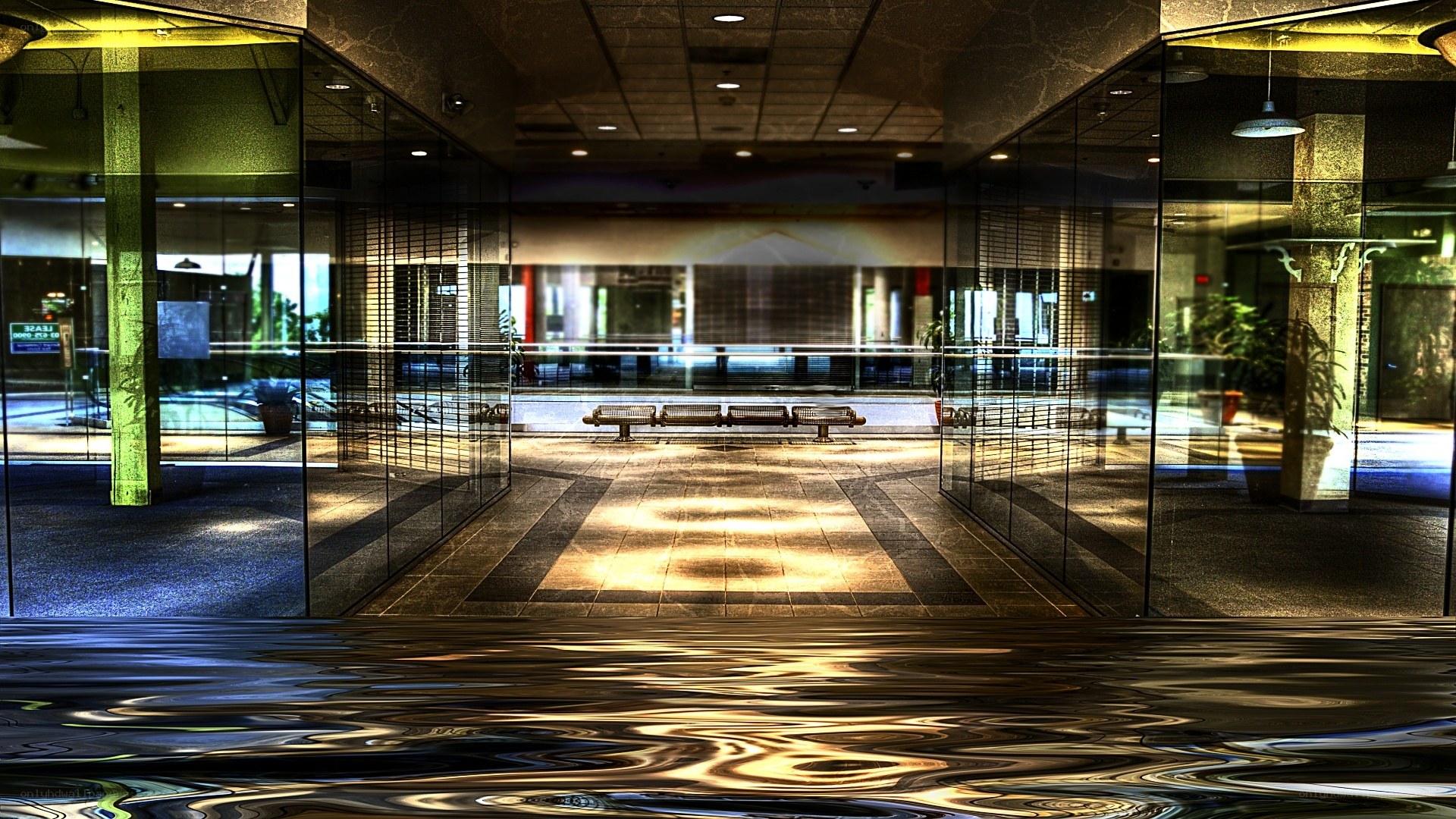 Modern lobby with reflective floor