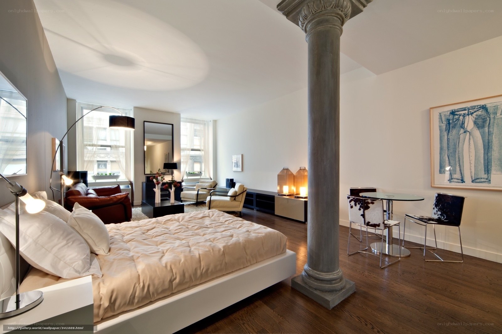 Modern loft bedroom with dining area