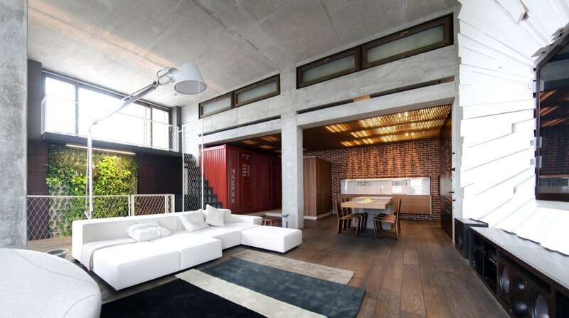 Modern loft interior with concrete and wood