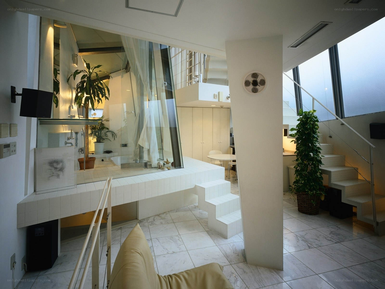 Modern loft interior with glass bathroom