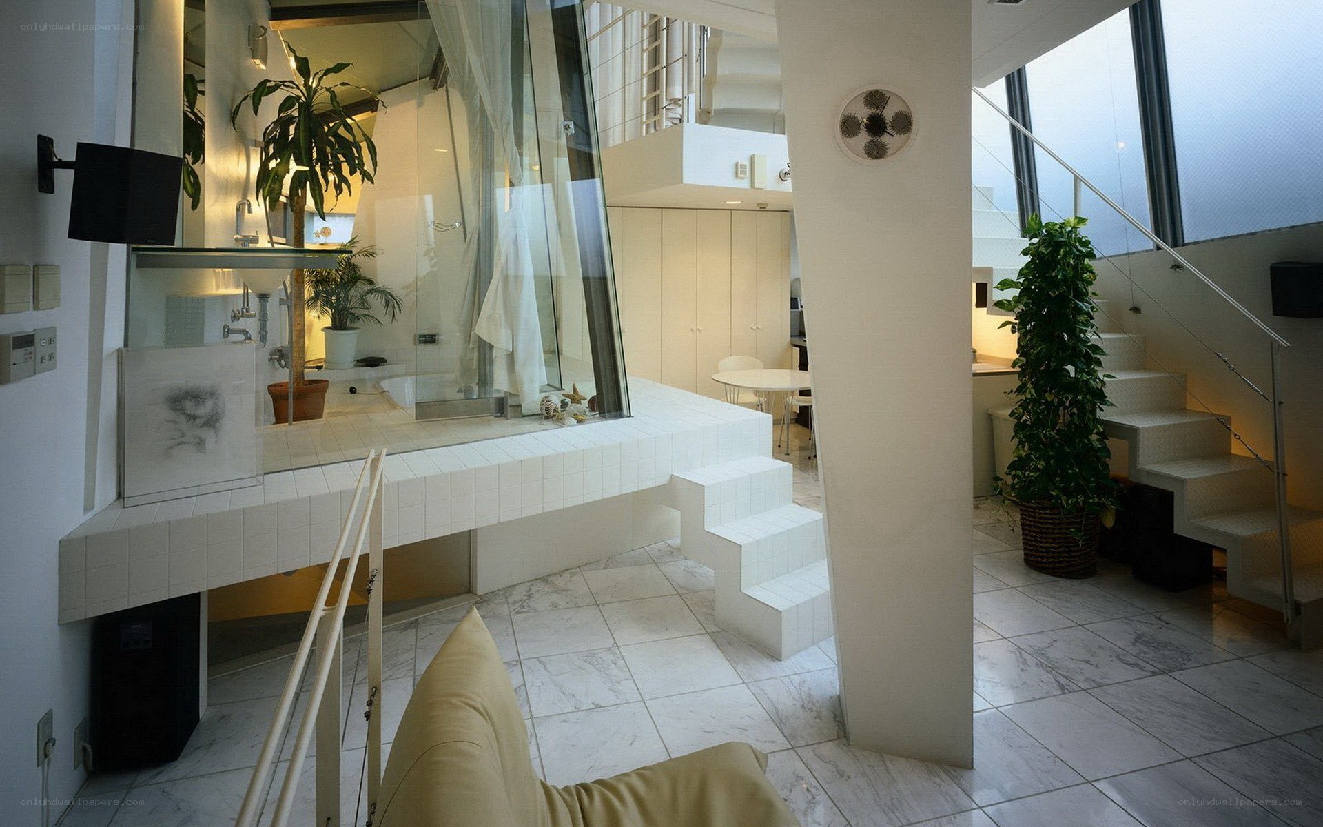 Modern loft interior with glass shower