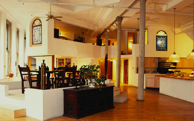 Modern loft interior with stained glass