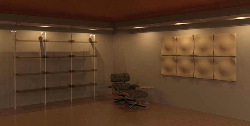 Modern lounge with art and shelving