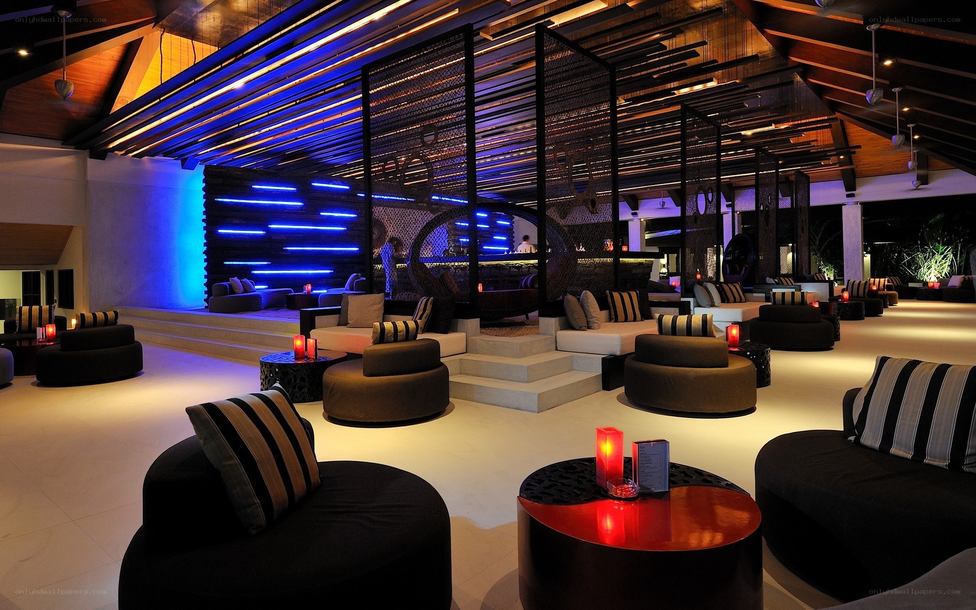 Modern lounge with blue lighting