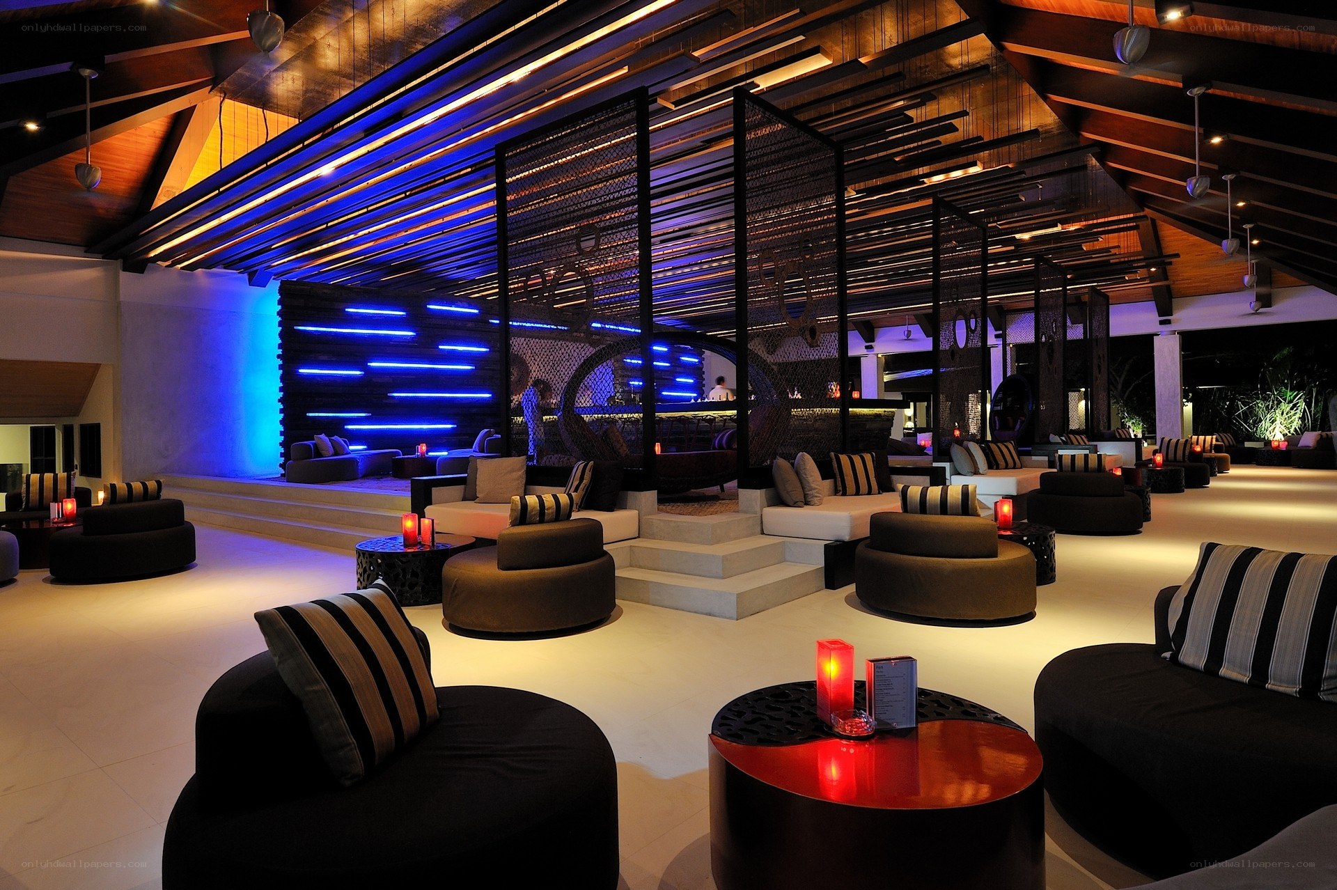Modern lounge with blue lighting