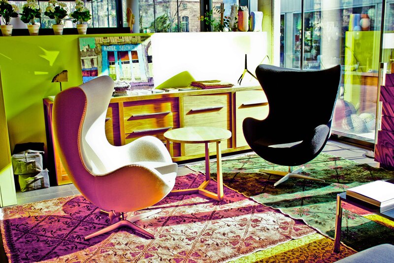 Modern lounge with colorful chairs