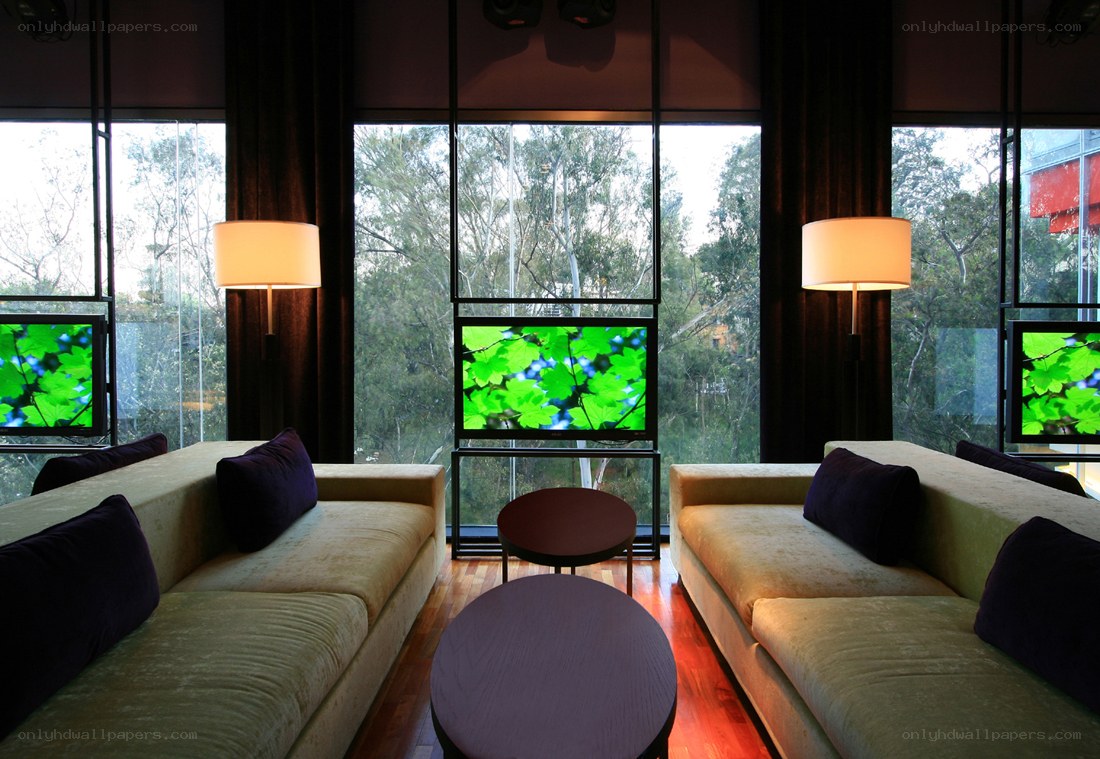 Modern lounge with green screens