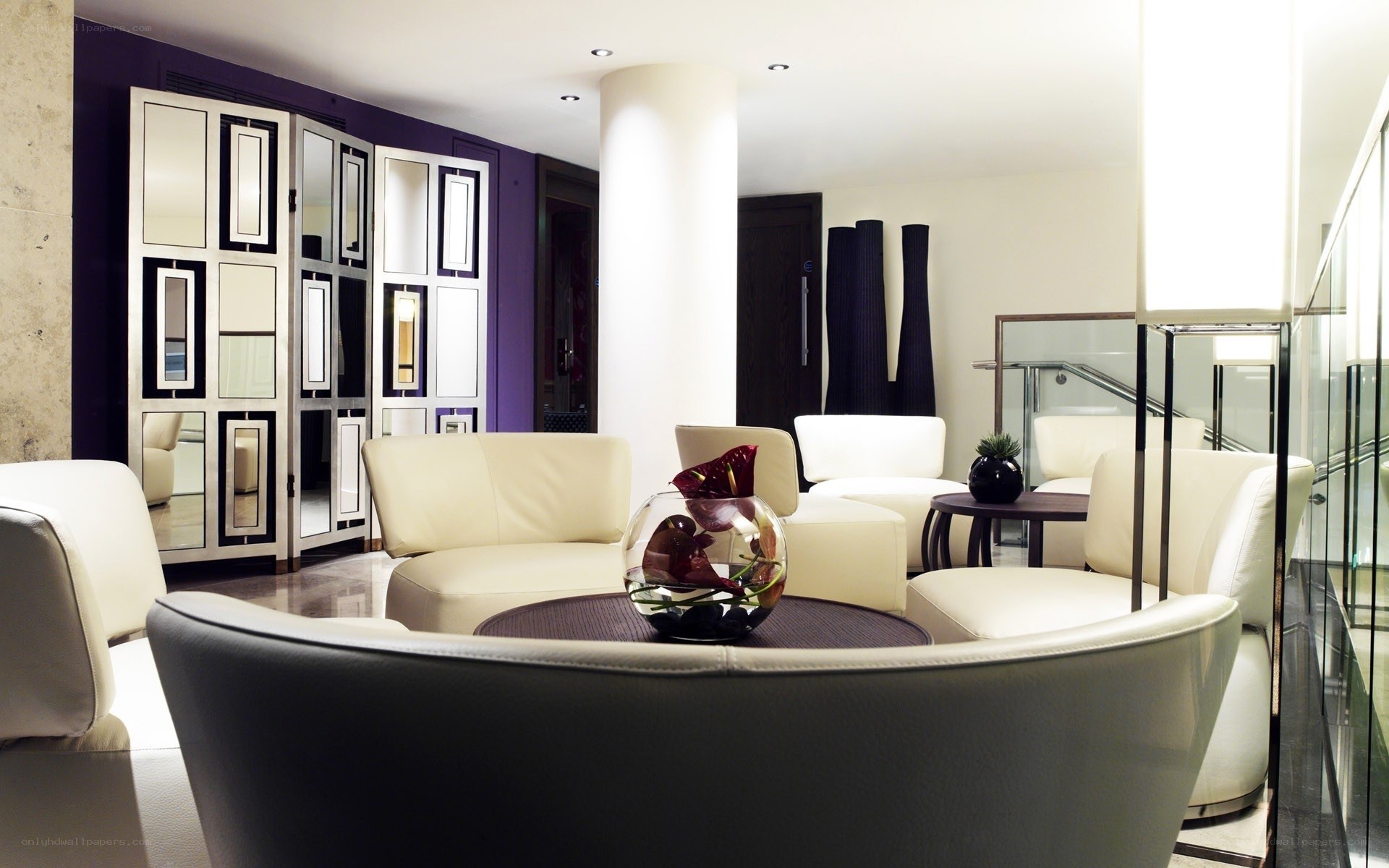 Modern lounge with purple accents