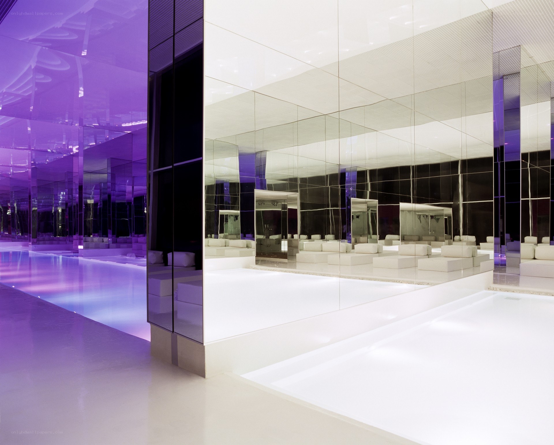 modern lounge with purple lighting
