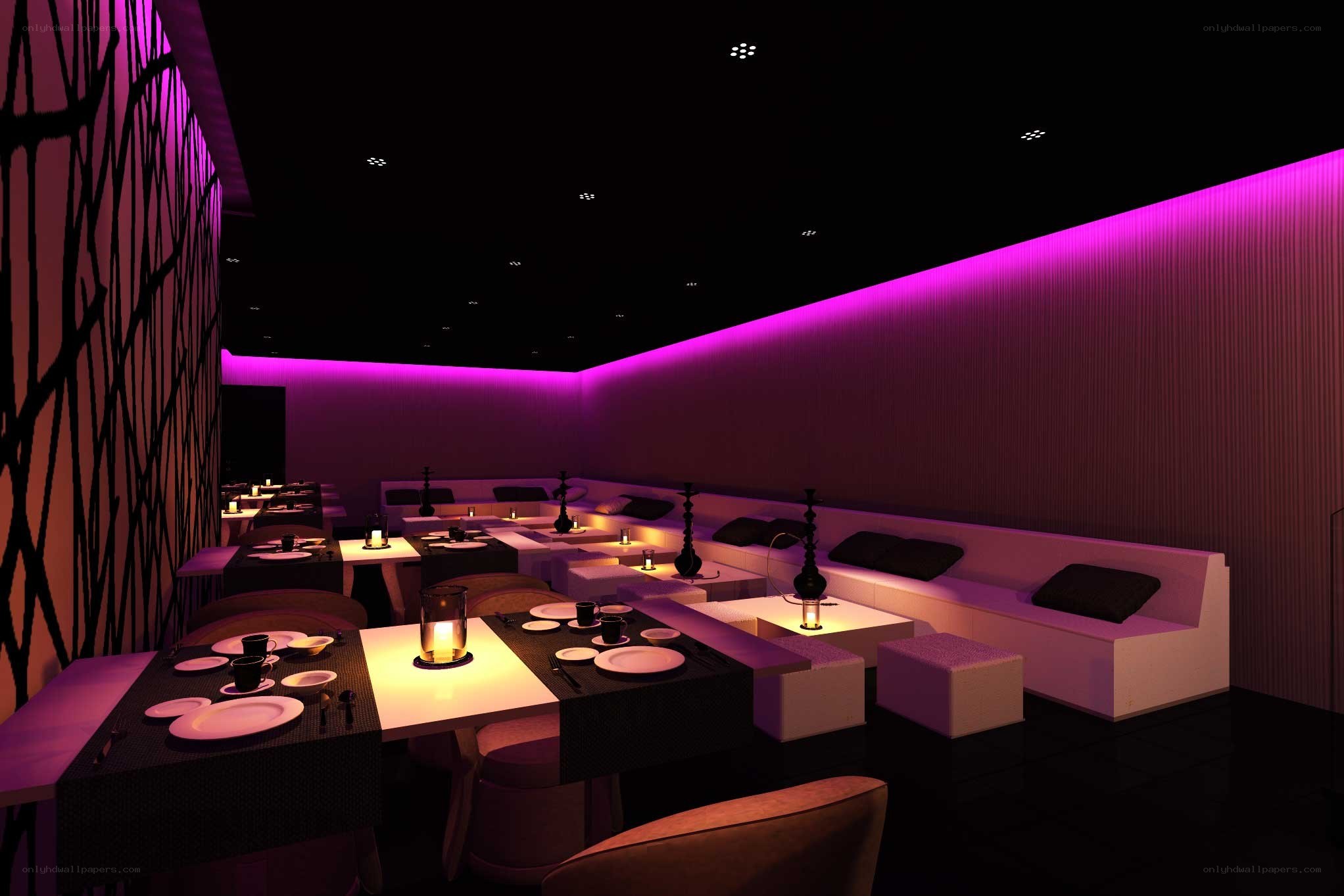 modern lounge with purple lighting