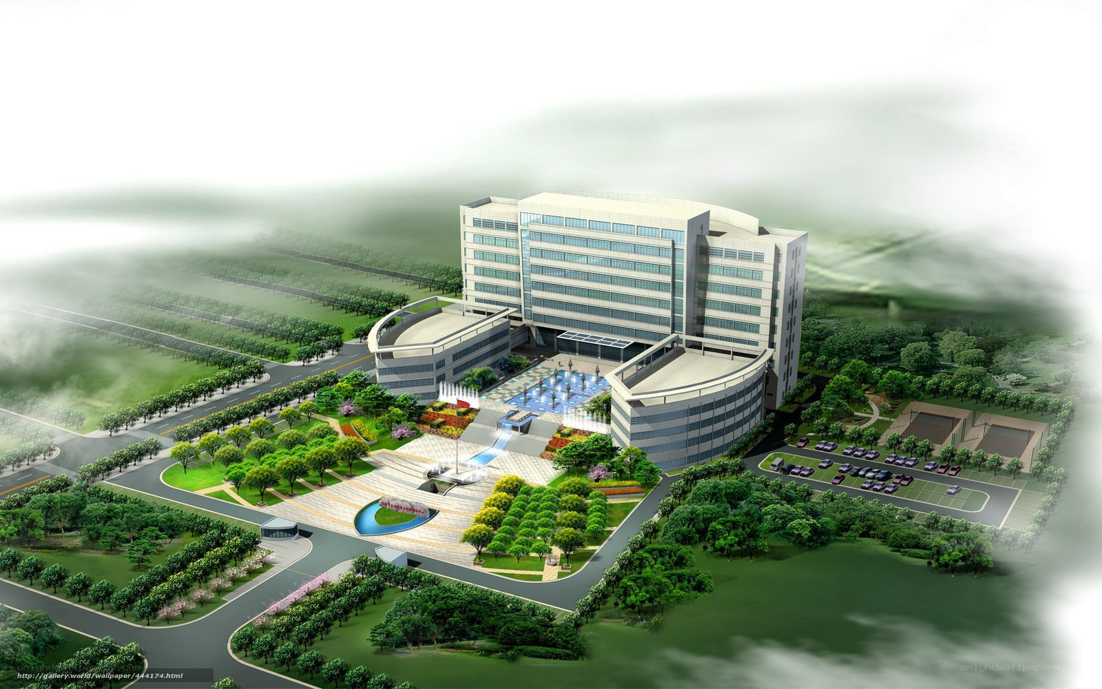 Modern office building with fountain